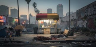 A taco food cart in an urban setting surrounded by tents and graffiti