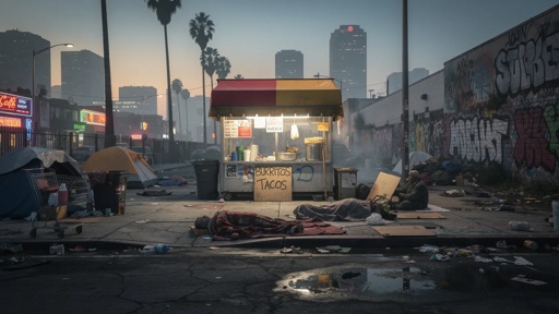 shutterstock_2771149327.jpg A taco food cart in an urban setting surrounded by tents and graffiti