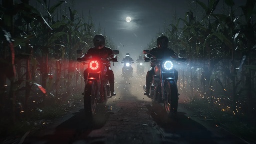 shutterstock_2772792175.jpg Motorcyclists riding through a cornfield at night under a full moon