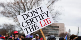 Protester holding a large sign at a political rally