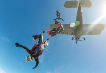 Skydiving Deaths WEREN’T Accidents — Chilling Discovery… Skydivers freefalling below a small aircraft blue sky