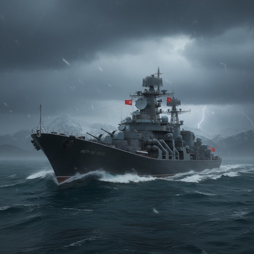 A military ship navigating through a stormy sea with dark clouds and lightning
