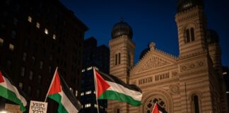 Crowd holding Palestinian flags and signs during a nighttime protest