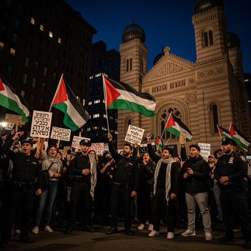 Crowd holding Palestinian flags and signs during a nighttime protest