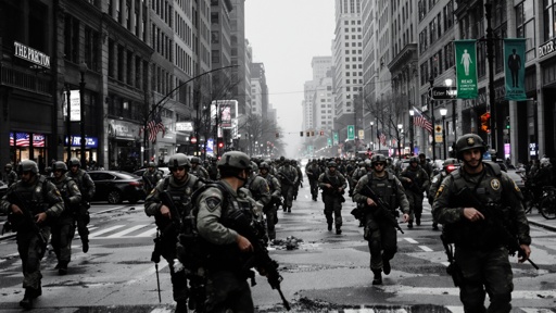 A large group of armed soldiers running through a city street