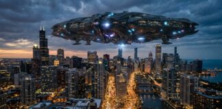 A futuristic spaceship hovering over a city skyline at dusk