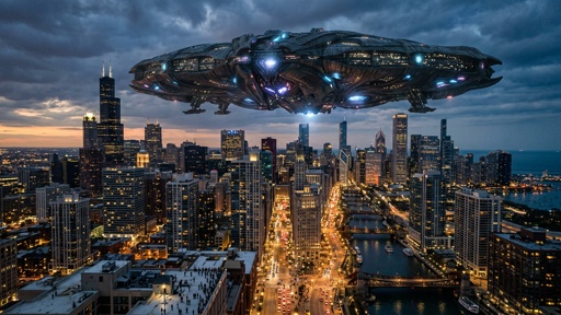 shutterstock_2762523199.jpg A futuristic spaceship hovering over a city skyline at dusk