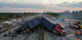 Two overturned trucks blocking a highway with emergency responders at the scene