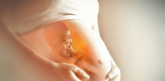 Pregnant woman with illustrated baby inside womb.