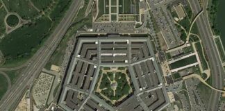 Aerial view of a large pentagon-shaped office complex