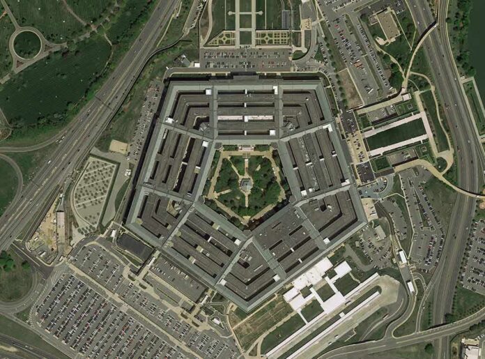 Aerial view of a large pentagon-shaped office complex