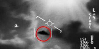 A blurry image of a UFO captured in the sky with a circular red highlight