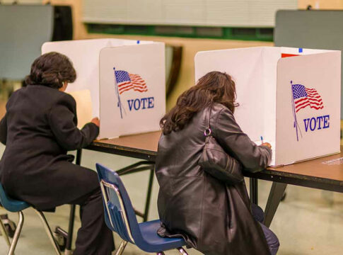 People voting in booths at a polling station.