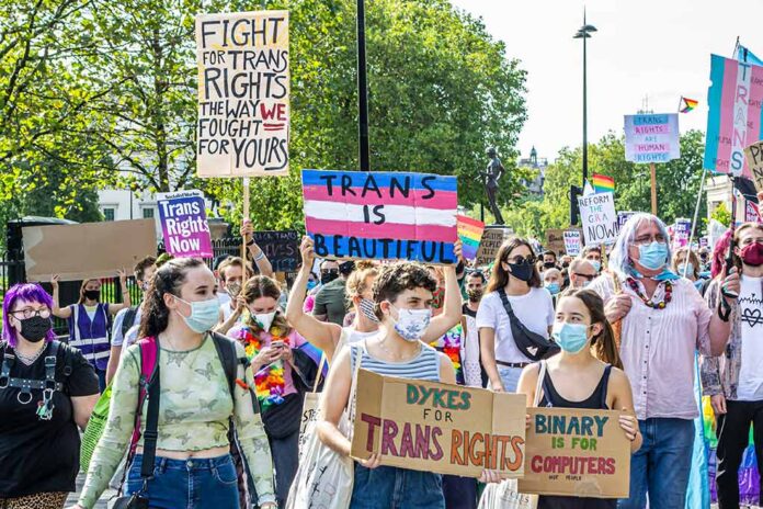 Group protesting for trans rights with various signs.