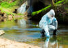 Person in protective gear collecting water sample from stream.