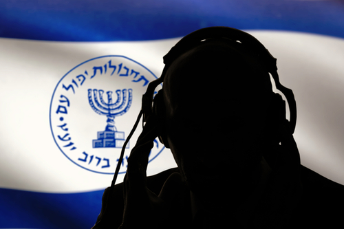 Silhouette with headphones against Israeli Mossad flag background.