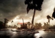 Damaged house with debris in stormy landscape.