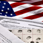 American flag with identification documents and fingerprint records.