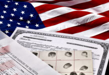 American flag with identification documents and fingerprint records.